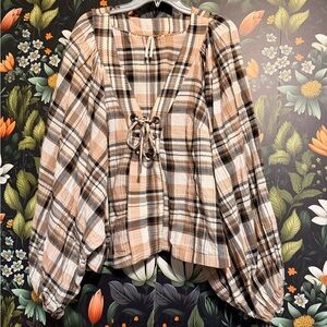 Anthropologie Beige and Black Plaid Blouse
